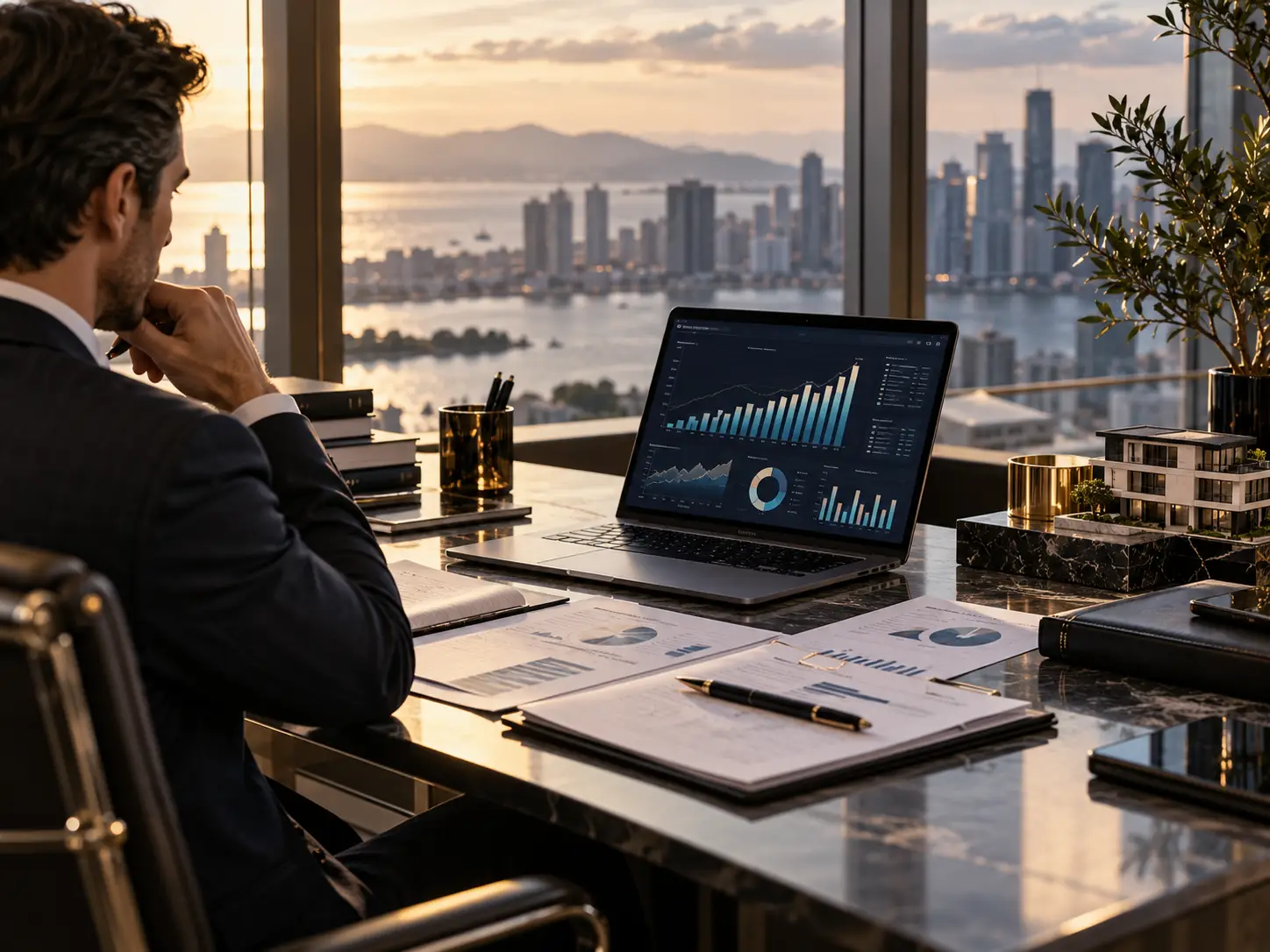 An executive in a modern office at sunset, representing liquidity, capital flexibility, and strategic investment decision-making.