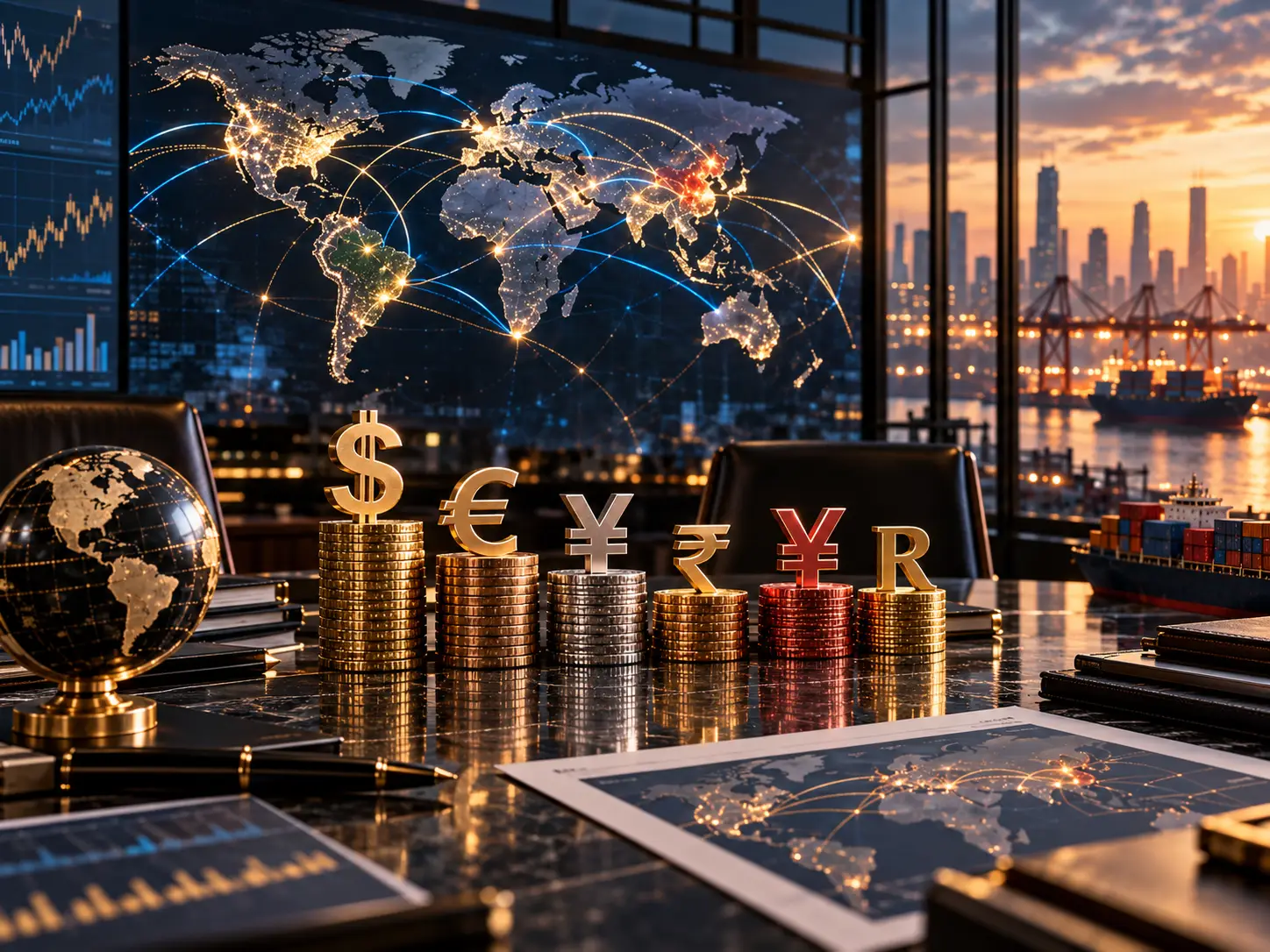 Global currencies including the U.S. dollar, euro, yuan, rupee, and ruble representing BRICS de-dollarization and international trade diversification.