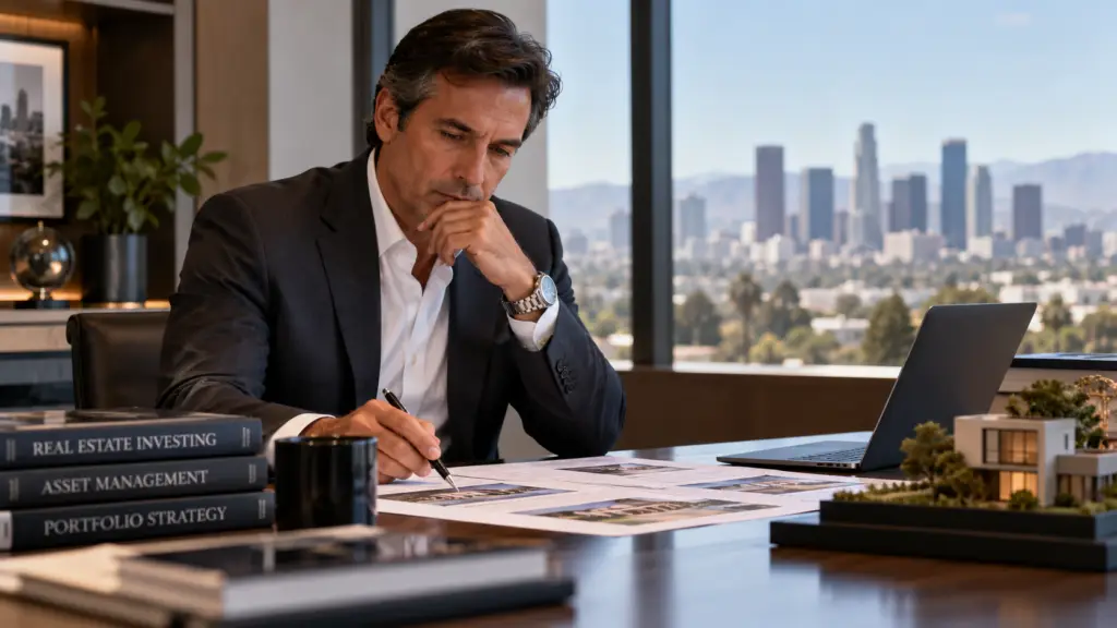 Real estate investor reviewing property documents, asset strategy, and portfolio planning in an executive office.