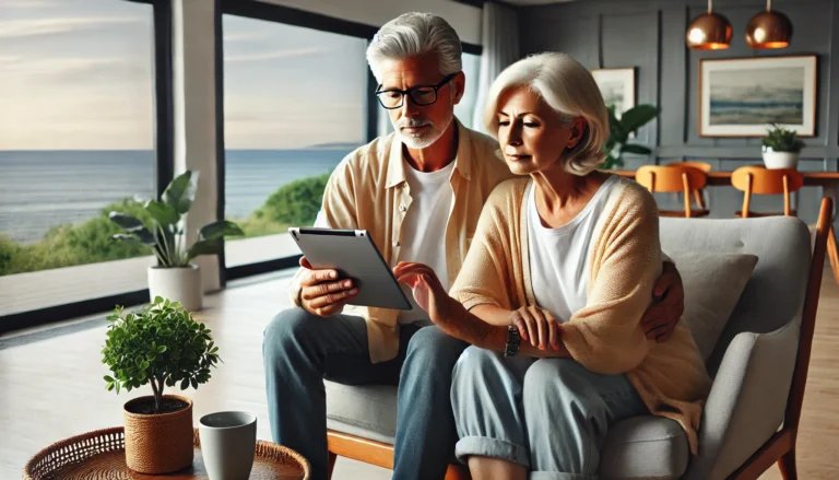 A married couple in their 50s, dressed in professional attire, sitting in a luxurious, minimalist mansion room with plants and a large window showing a sea view. They are using iPads.