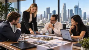 Real estate investment professionals reviewing California property acquisitions, financial analysis, and execution strategies.