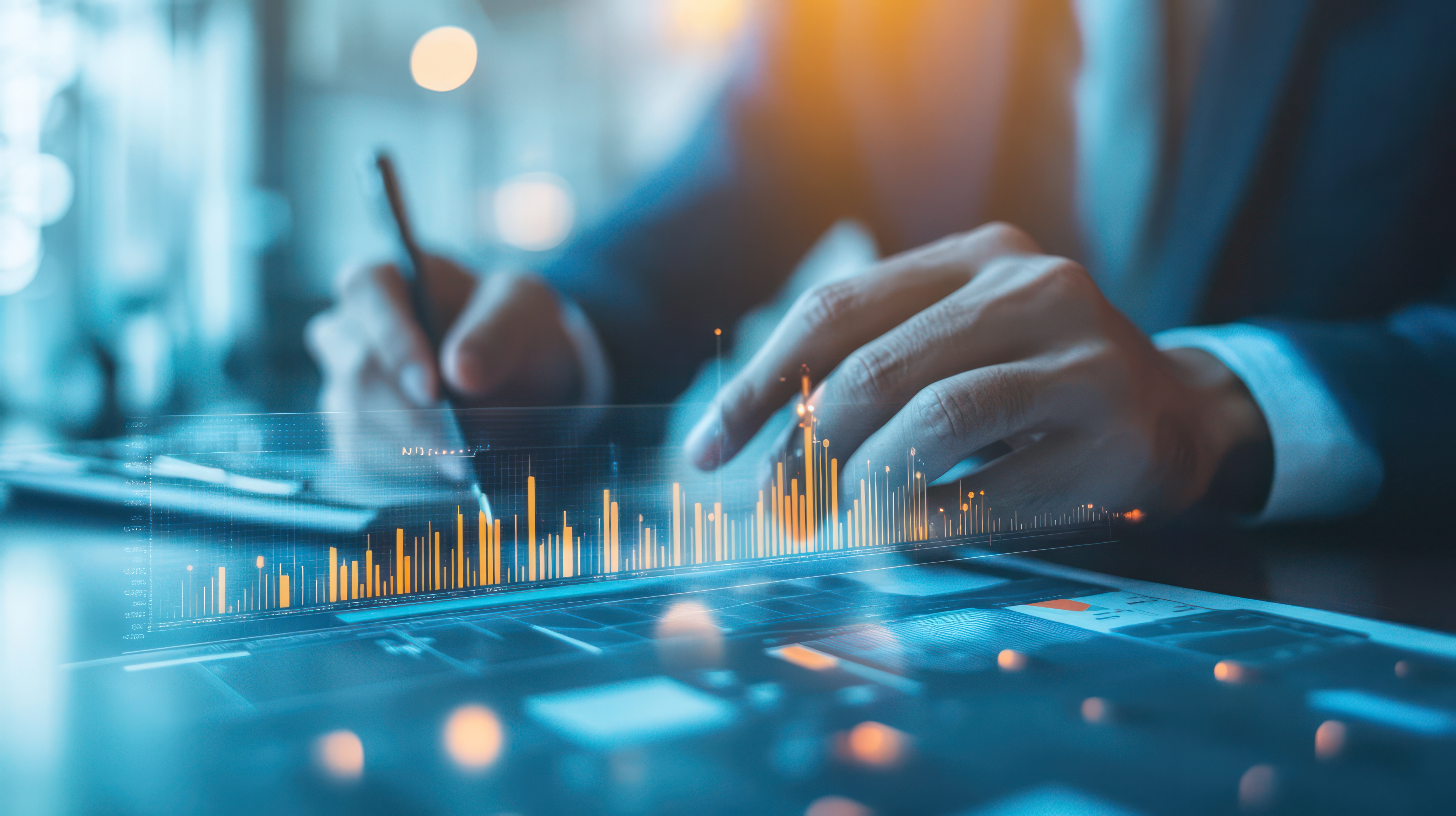 Professional reviewing financial charts and capital data on a digital screen