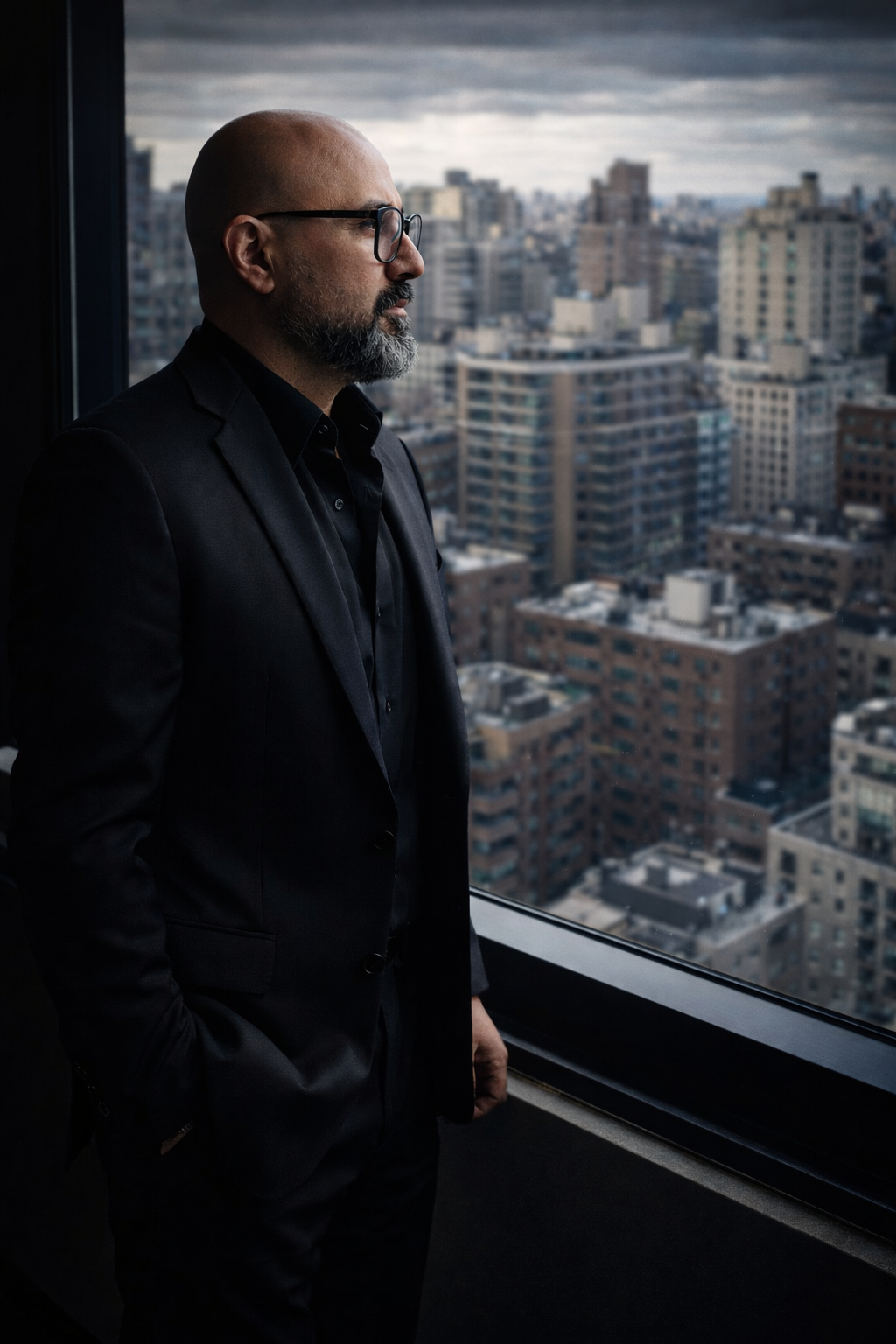 Asset manager reviewing multifamily real estate assets from office overlooking city skyline