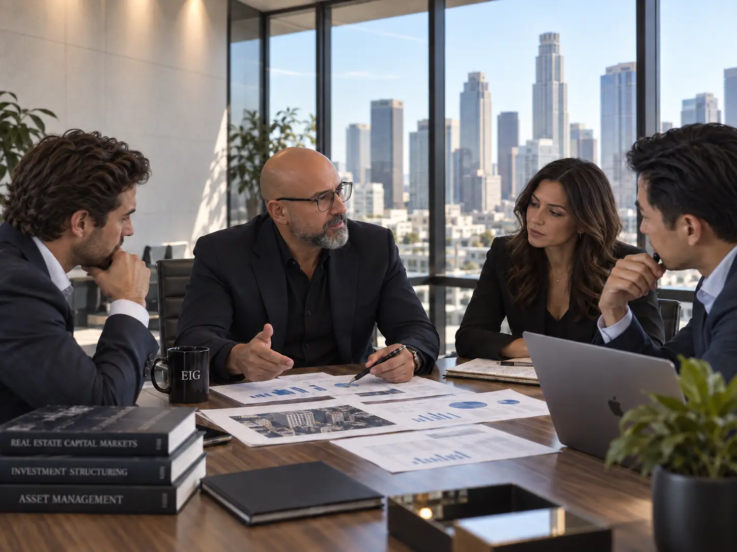 Patrick Iturra reviewing real estate investment strategy and capital structuring with an executive team in a Los Angeles office.