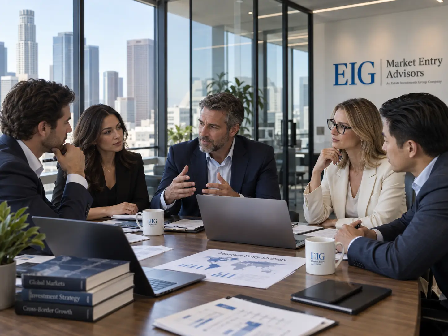 Business meeting in a modern Los Angeles office discussing U.S. market entry, compliance, and expansion strategy for international businesses.