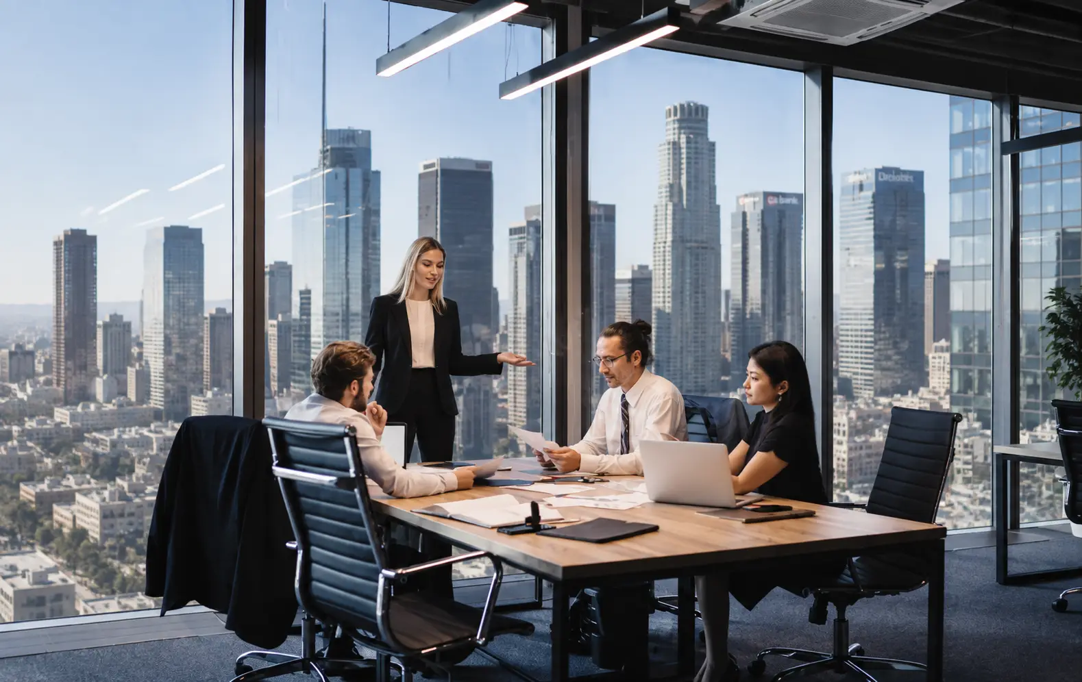 Business professionals discussing strategy and market analysis in a Los Angeles executive office