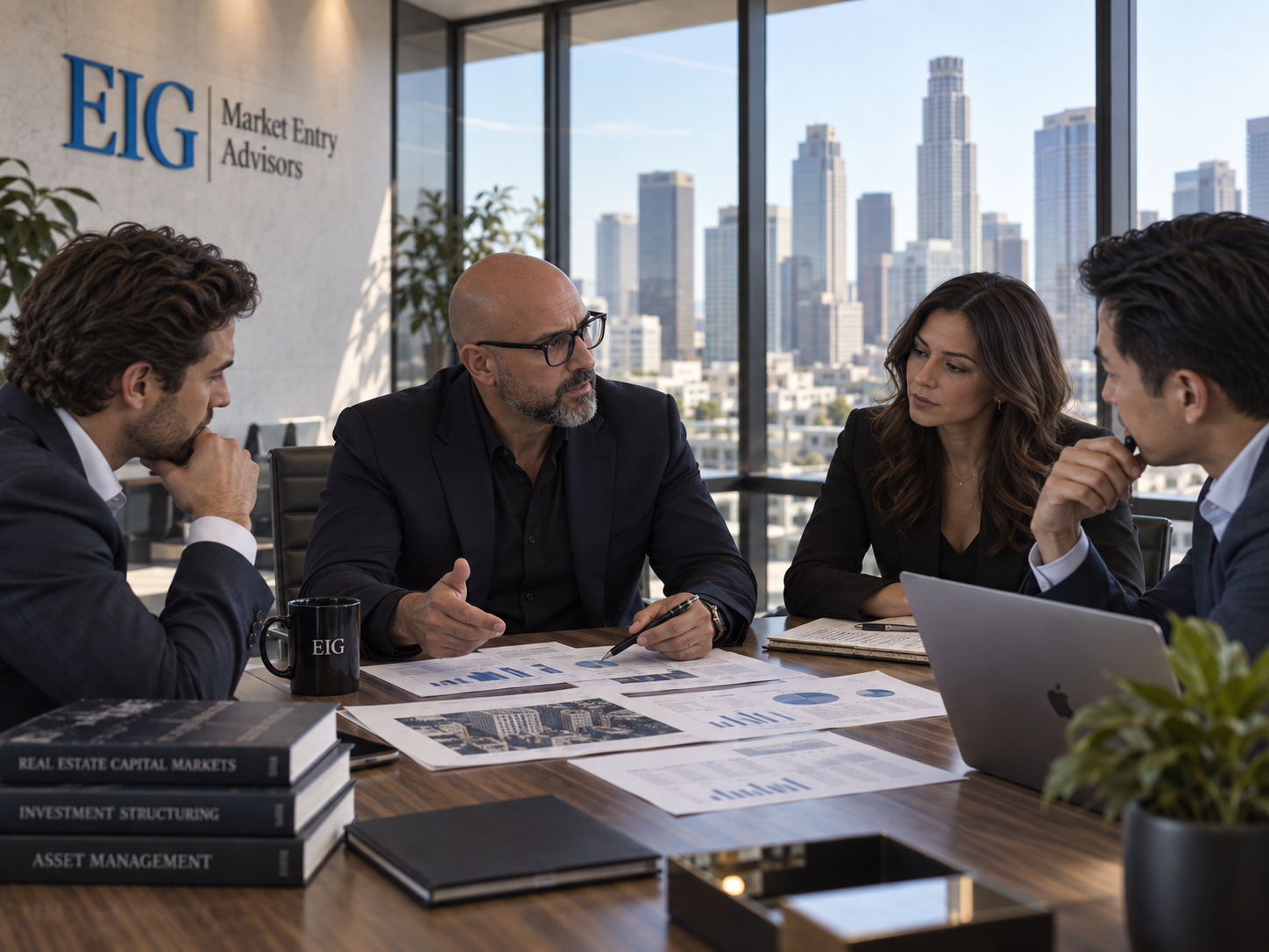Patrick Iturra reviewing capital structuring and real estate investment documents with his asset management team